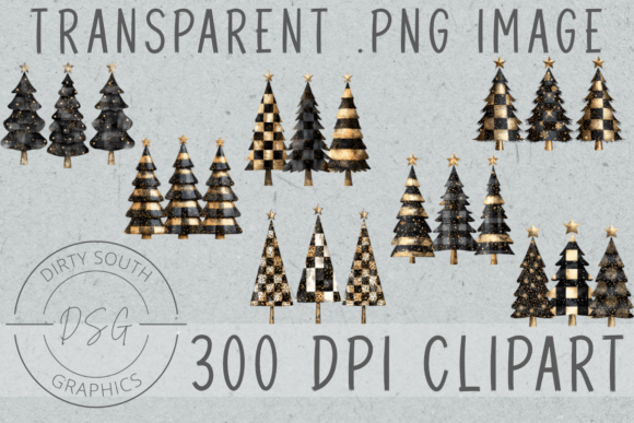 7 Black Gold Funky Christmas Trees Illustrations Review