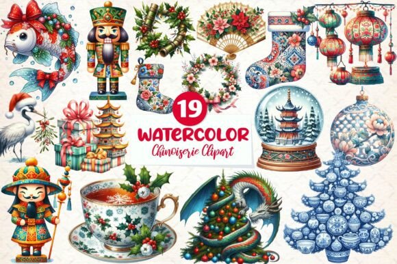 Chinoiserie Christmas Clipart: Elegant Illustrations
