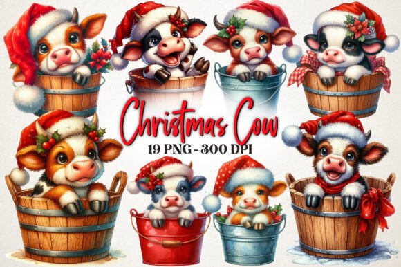Christmas Cow Sublimation Clipart Bundle: Illustrations