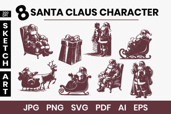 Christmas Santa Claus 8 Character Sketch Illustrations Review
