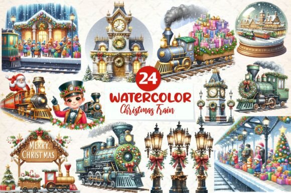 Christmas Train Station Clipart: Festive Illustrations