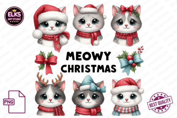 Meowy Christmas PNG: Festive Illustrations for Crafters