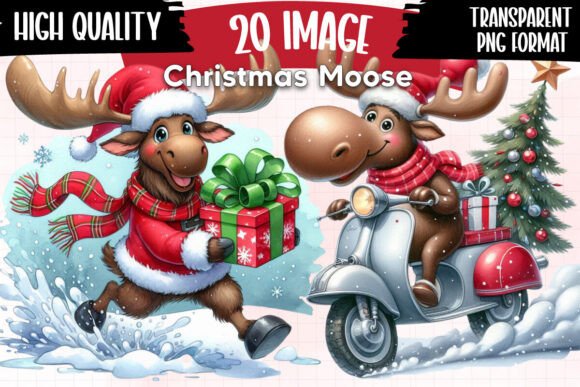 Quirky Christmas Moose Clipart Bundle 1 Illustrations