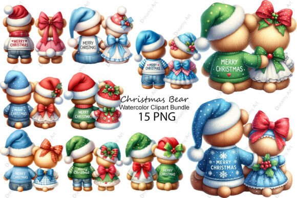 Watercolor Christmas Bear Clipart Bundle Illustrations