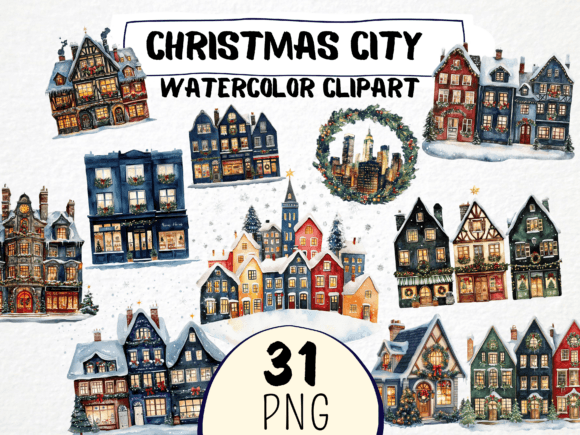 Watercolor Christmas City Clipart: 31 Png Illustrations