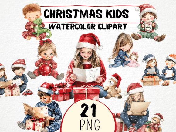 Watercolor Christmas Kids Clipart: 21 PNG Illustrations