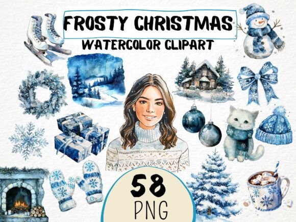 Watercolor Frosty Christmas Girl Clipart & Illustrations