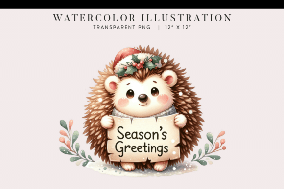 Watercolor Hedgehog Christmas Clipart & Illustrations